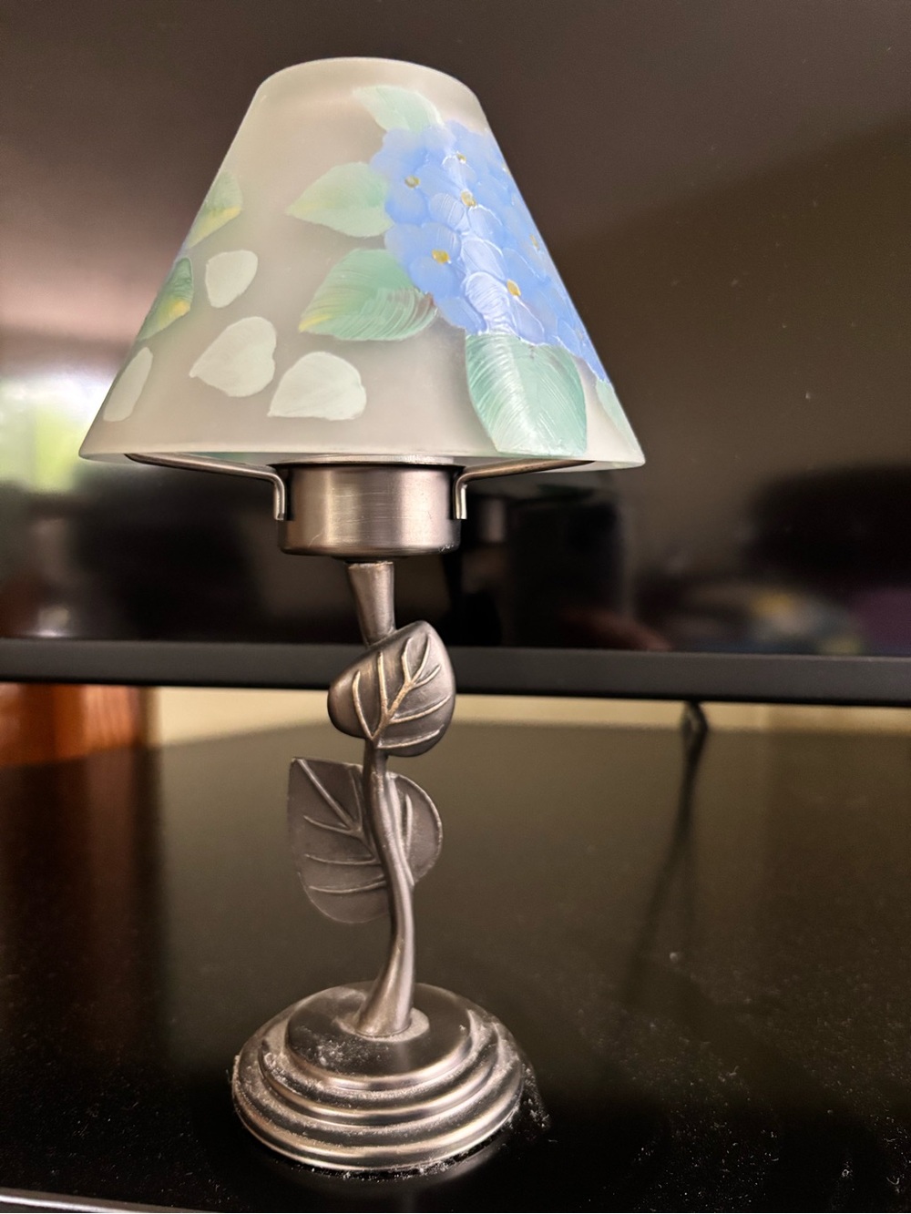 Hand-Painted Blue Floral Glass candle holder with Metal Leaf Base